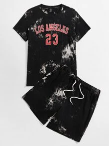 GENTILAND Men Letter & Lightning Graphic Tee & Shorts Set - Black - View 1