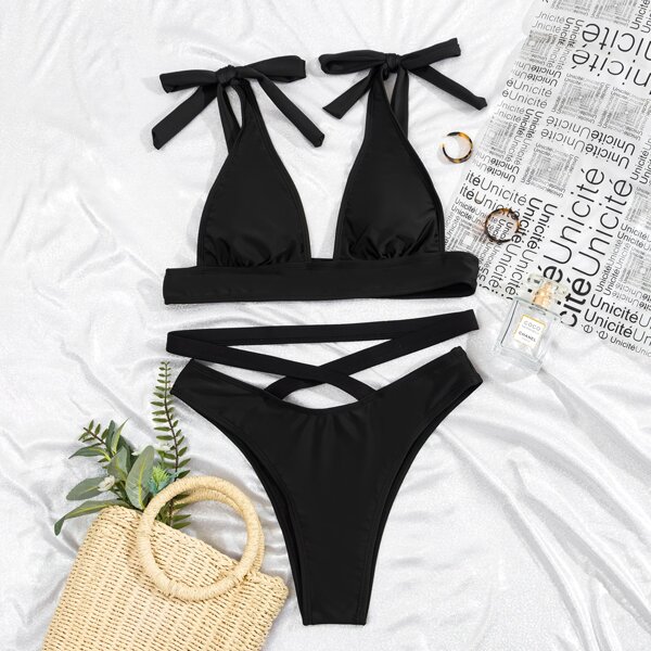 

Tie Shoulder Crisscross Bikini Swimsuit, Black