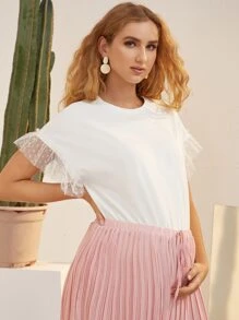 SHEIN Maternity Dobby Mesh Flounce Sleeve Tee - White - View 1
