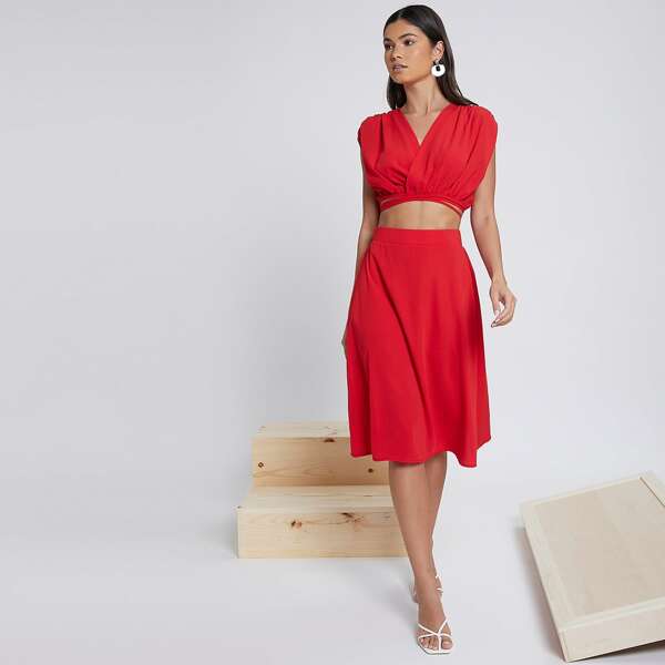 

Surplice Neck Ruched Crop Top & Skirt Set, Red
