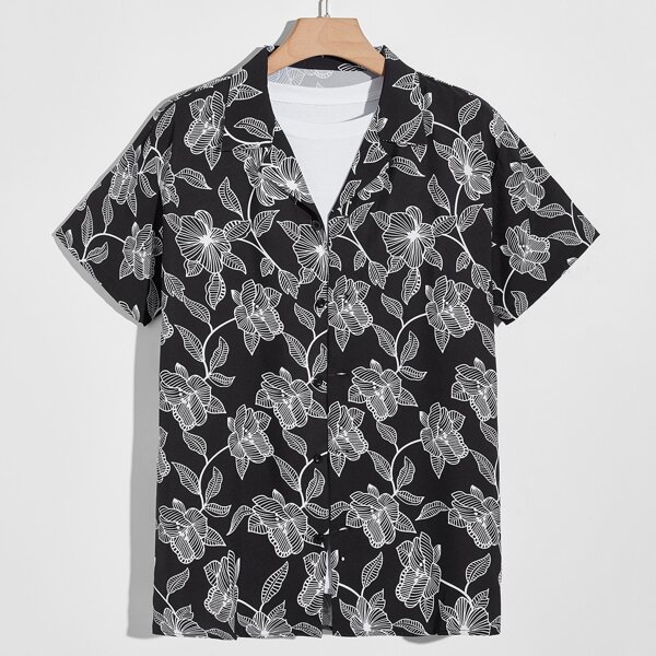 

Men 1pc Allover Floral Print Shirt, Black and white