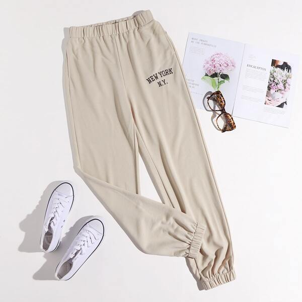

Letter Embroidered Elastic Waist Sweatpants, Khaki