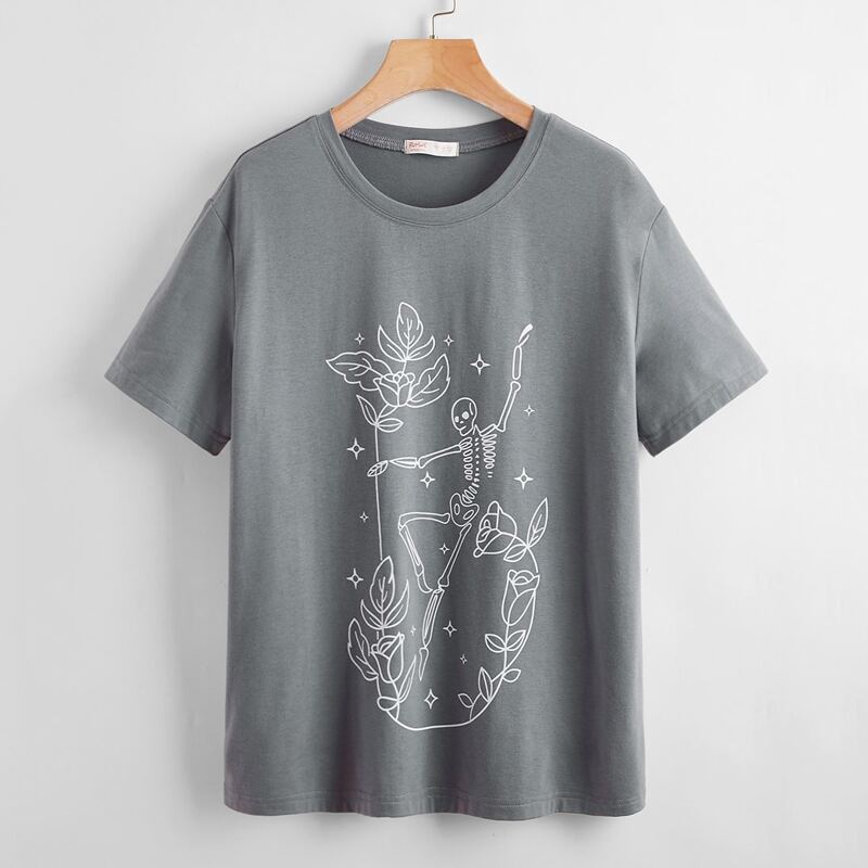 

Floral & Skull Graphic Tee, Grey