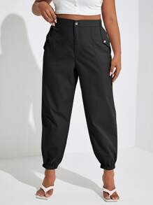 SHEIN Essnce Plus Solid Slant Pocket Tapered Trousers - Black - View 4