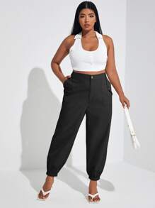 SHEIN Essnce Plus Solid Slant Pocket Tapered Trousers - Black - View 5