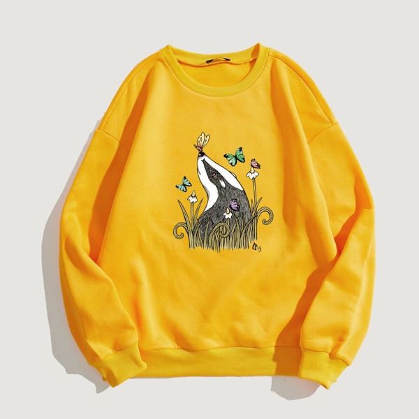 

Animal & Butterfly Print Sweatshirt, Yellow