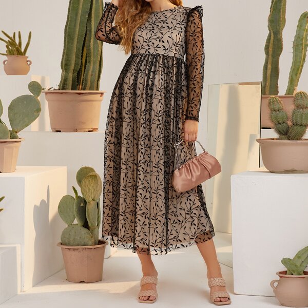 

Maternity Flocked Plants Mesh Overlay Dress, Multicolor