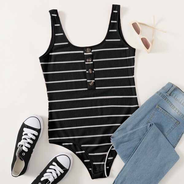 

Striped Button Front Tank Bodysuit, Black