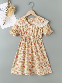 Girls Floral Contrast Lace Statement Collar Dress