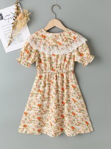 Girls Floral Contrast Lace Statement Collar Dress