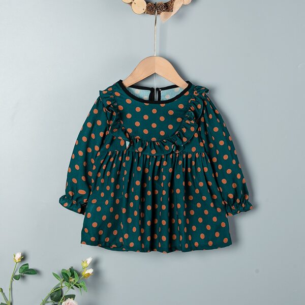 

Toddler Girls Polka Dot Ruffle Smock Dress, Dark green