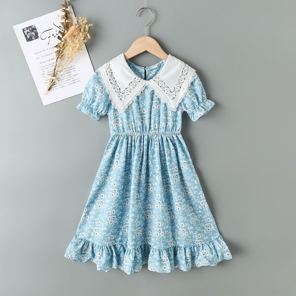 

Girls Contrast Lace Doll Collar Ditsy Floral Dress, Baby blue