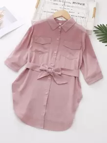 SHEIN 女孩素色前排扣弧形下擺腰帶襯衫 - 藕粉色 - 查看 1