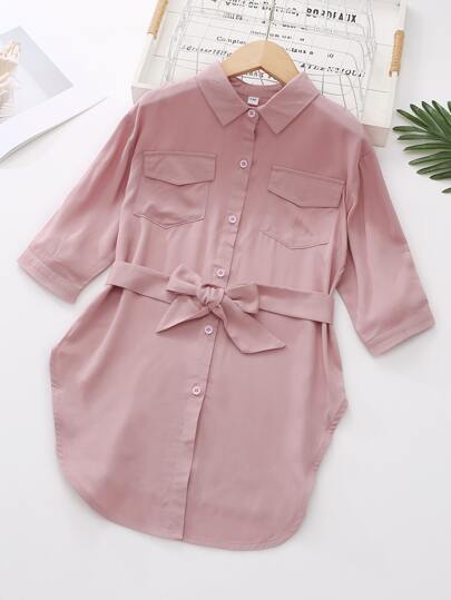 قميص موحدة اللون أزرار علوية حافة منحنية حزام بنات