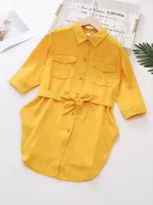 女孩素色前排扣弧形下擺腰帶襯衫 - 黃色 - 查看 1