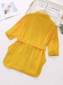 女孩素色前排扣弧形下擺腰帶襯衫 - 黃色 - 查看 2