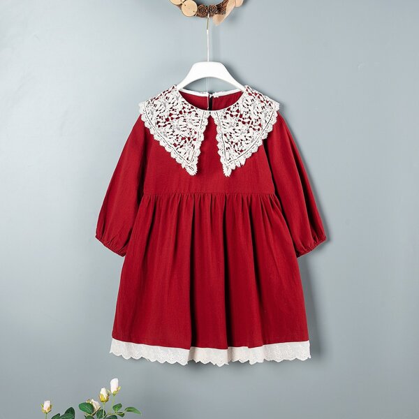

Toddler Girls Contrast Lace Peter Pan Collar Smock Dress, Red