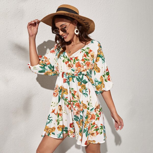 

Floral Print Bishop Sleeve Tie Back Dress, Multicolor