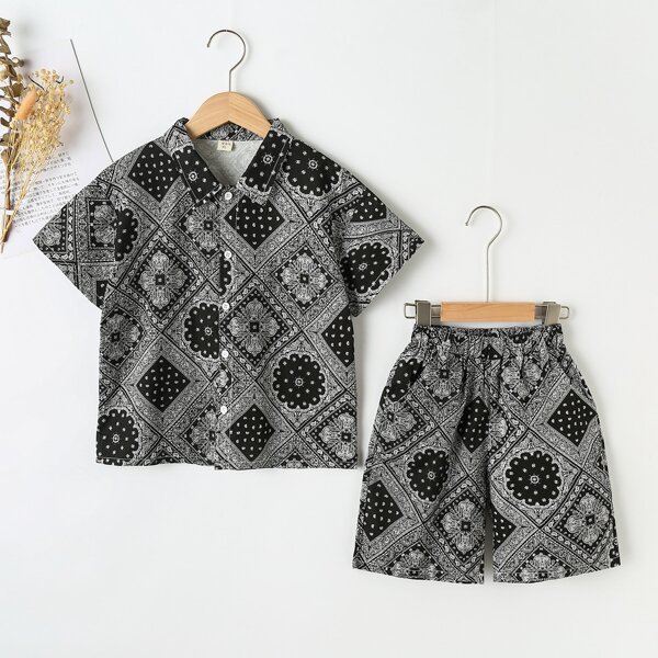 

Boys Scarf Print Shirt With Shorts, Black and white