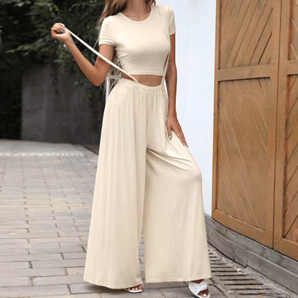 

Adjustable Tape Wide Leg Suspender Pants, Apricot