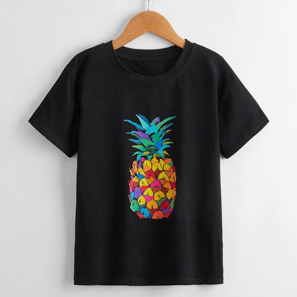 

Girls Pineapple Print Tee, Black