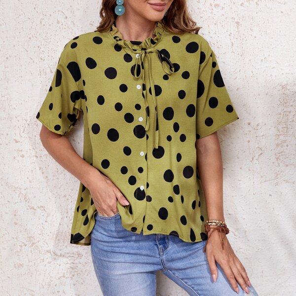 

Polka Dot Frill Tie Neck Blouse, Army green