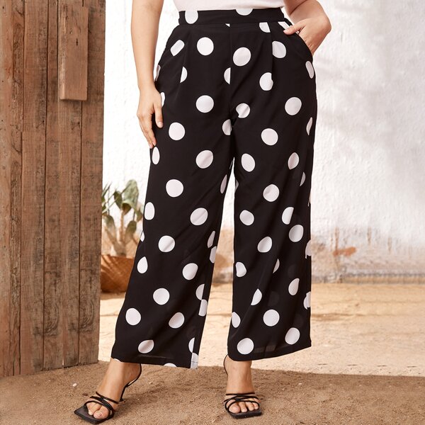 

Plus Polka Dot Wide Leg Pants, Black and white