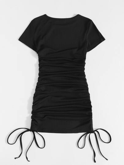 SHEIN Unity Women's Black Summer Casual Night Out Solid Side Drawstring Ruched Bodycon Dress,Rib-Knit Round Neck Short Sleeve Slim Fit Plain Mini Short Dresses