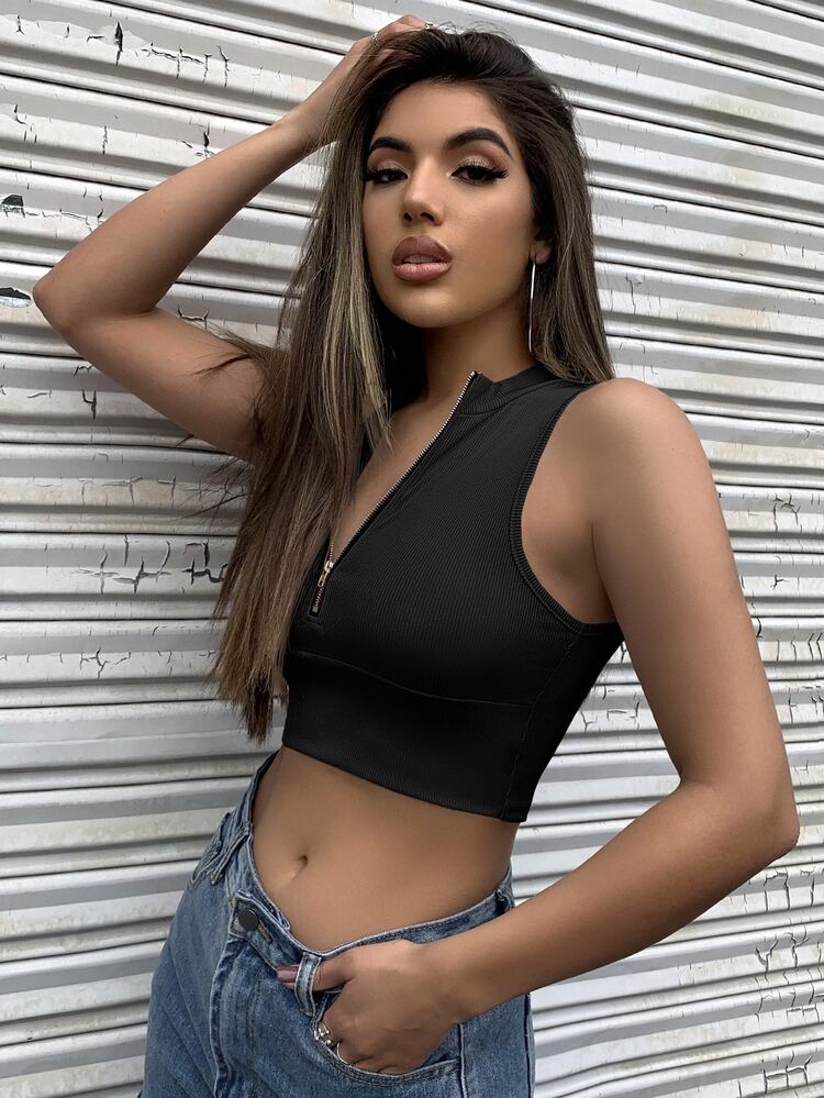 SHEIN Unity Half Zip Rib-knit Crop Top - Black - View 3