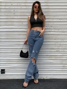 SHEIN Unity Top corto tejido de canalé con cremallera media - Negro - Ver 4