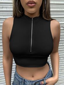 SHEIN Unity Top corto tejido de canalé con cremallera media - Negro - Ver 5