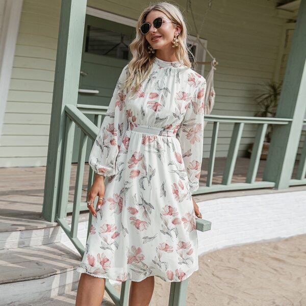 

Floral Print Bishop Sleeve Dress, White