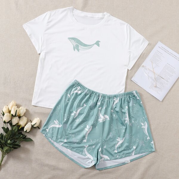 

Plus Whale Print PJ Set, Blue and white
