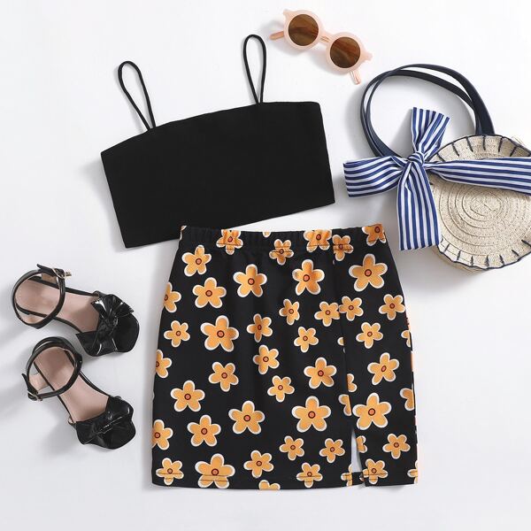

Girls Crop Cami Top & Slit Hem Floral Skirt Set, Multicolor