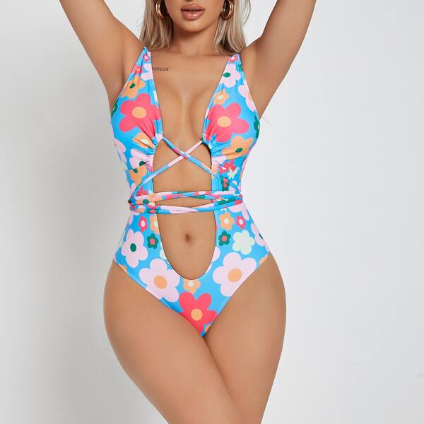 

Floral Random Print Cut Out One Piece Swimsuit, Multicolor