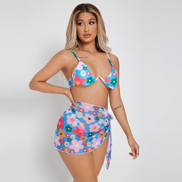 

3pack Floral Random Print Underwire Bikini Swimsuit, Multicolor