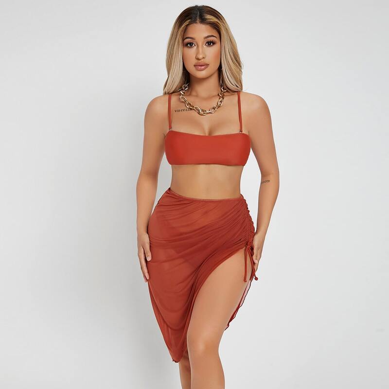 

3pack Ruched Bikini Swimsuit With Cover Up Skirt, Brown