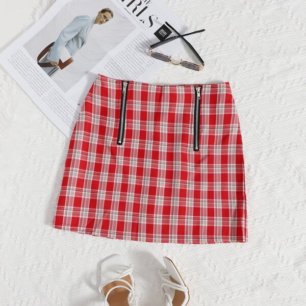 

Tartan Print Zip Detail Skirt, Red and white