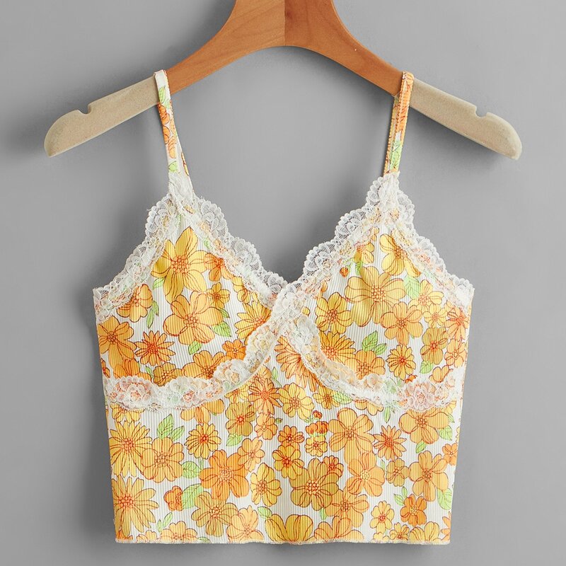

Lace Insert Floral Print Crop Cami, Multicolor