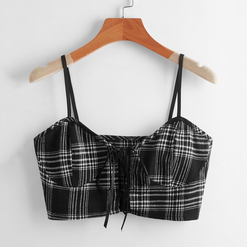 

Plaid Tie Front Crop Cami, Black