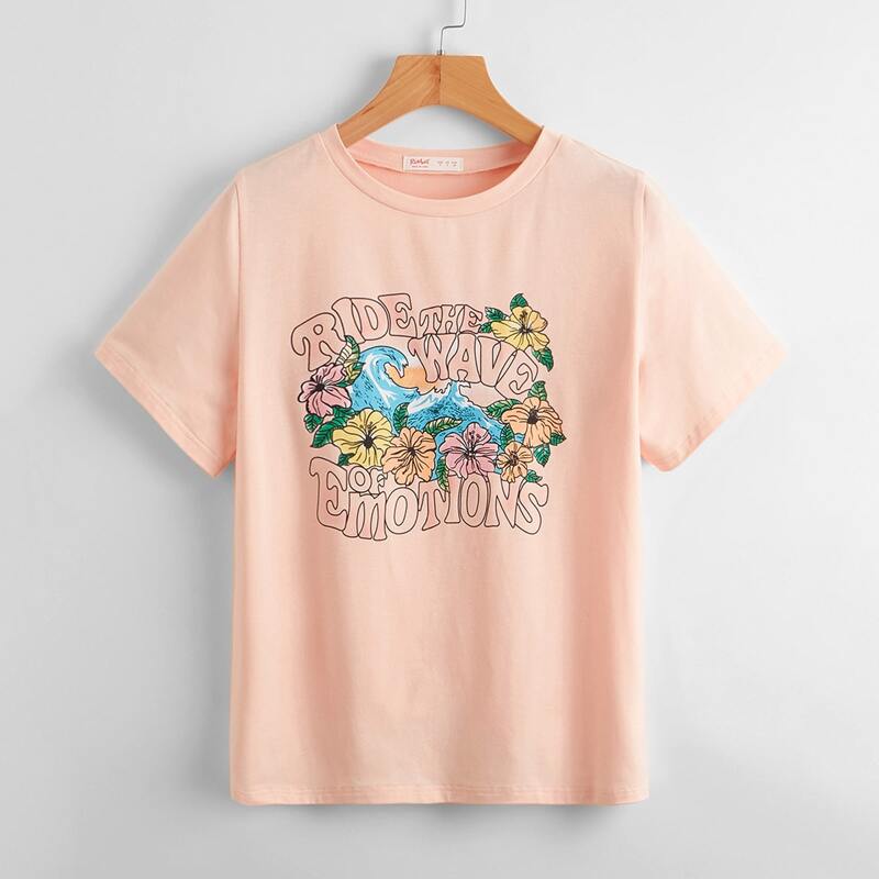 

Letter Floral & Wave Graphic Tee, Baby pink