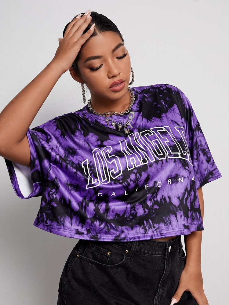 SHEIN EZwear 大碼字母圖案紮染T恤 - 彩色 - 查看 3