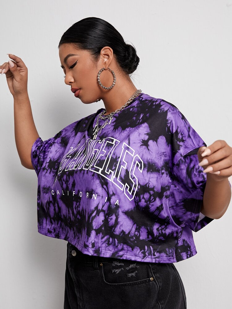 SHEIN EZwear 大碼字母圖案紮染T恤 - 彩色 - 查看 5