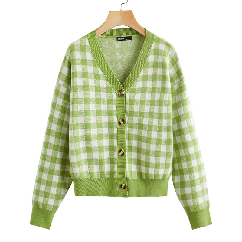 

Gingham Pattern Button Front Cardigan, Lime green