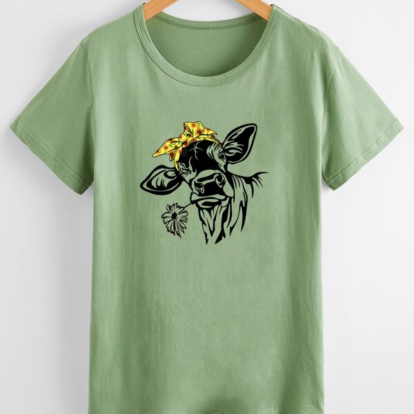 

Cattle & Floral Print Tee, Olive green