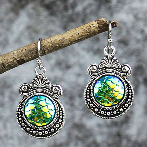 

Fish Scale Print Drop Earrings, Antique silver