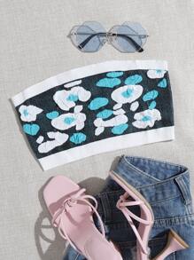 拼色貼布抹胸短版針織上衣 - 彩色 - 查看 1