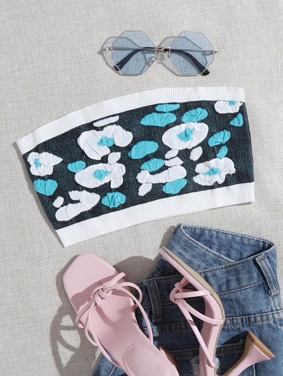 拼色貼布抹胸短版針織上衣 - 彩色 - 查看 1