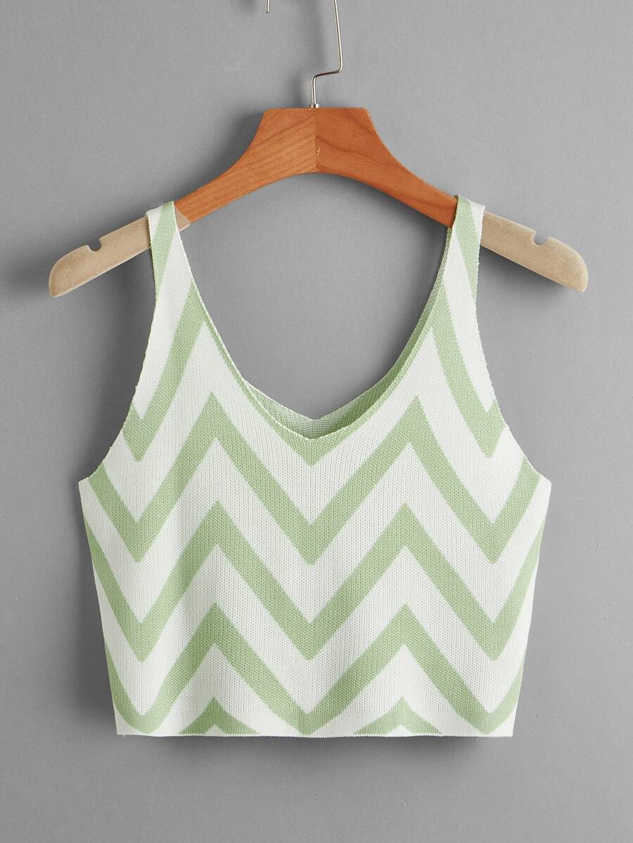 SHEIN EZwear Chevron Pattern Knit Top - Mint Green - View 1