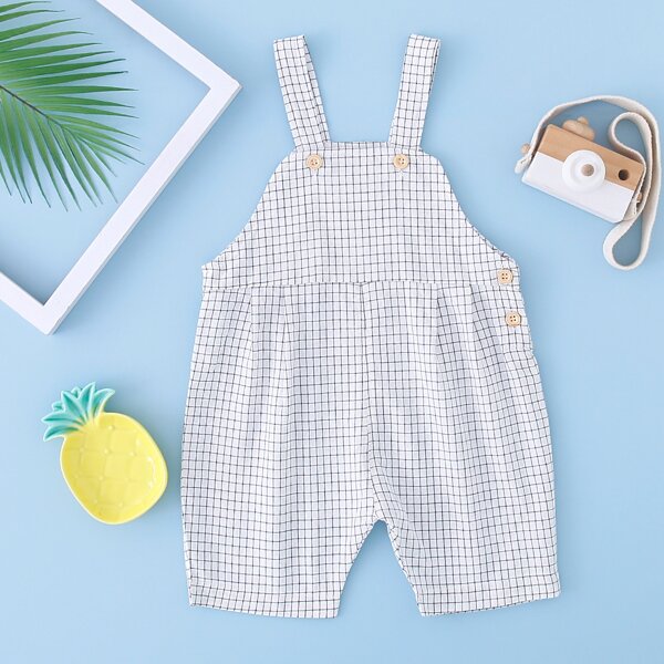 

Toddler Girls Plaid Button Detail Jumpsuit, White